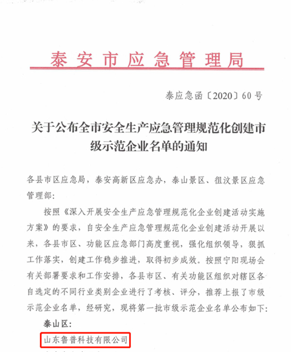 泰安市应急管理规范化建设示范企业名单公布，鲁普耐特集团榜上有名！